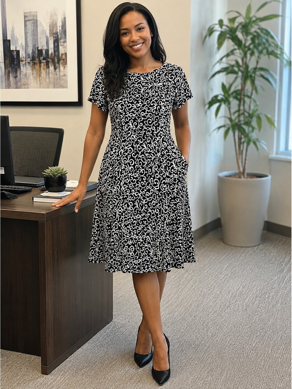 Connected Apparel | 8 | Black White Swirl Print Short Sleeve Dress